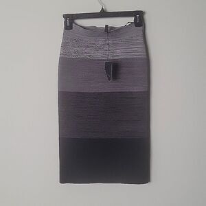 NWT BCBG Gray Black Stripe S Bandage Sexy Pencil Fitted BodyCon Knee Skirt Work